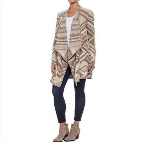 LUCKY BRAND | Intarsia Draped Cardigan Tan Aztec Print Open Front L - Picture 1 of 11